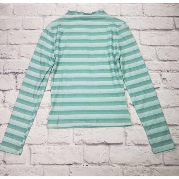 Cali Be Womens Long Sleeve Mock Neck Top Ribbed Green White Size Small - Picture 4 of 6